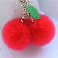 Original New Cute Faux Rabbit Fur Ball Pompom Cherry Keychain Fluffy Pompon Key Chain Pom Pom Toy Keyring Bag Charms Car Trinket