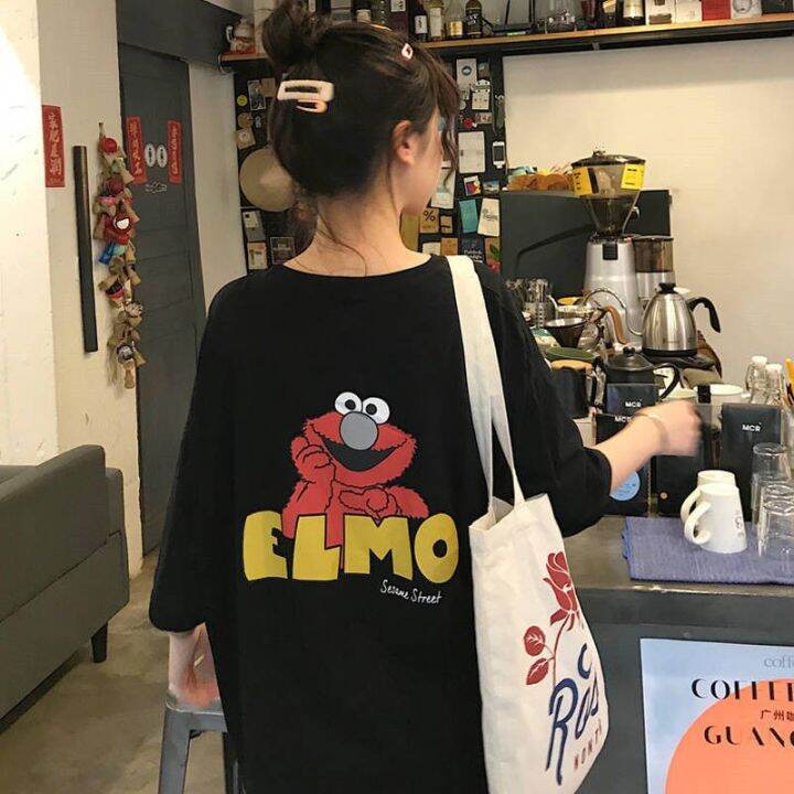 bloomylee-m-5xl40-150kg4colors-sesame-street-elmo-oversized-tee-womens-plus-size-t-shirt-large-round-neck-34-short-sleeves-big-loose-cartoon-printed-summer-tee-maternity-pregnancy-casual-top-fashion-b