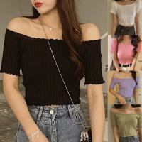 QianXing Shop Women T-shirt Off Shoulder Knitting Crop Tops Women Fashion Short Sleeve Skinny T-shirts