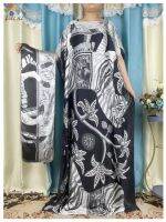 New Fashion African Abayas Women Silk Print Soft Summer Loose Femme Robe Dubai Maxi Party Evening Dress With Belt Turban