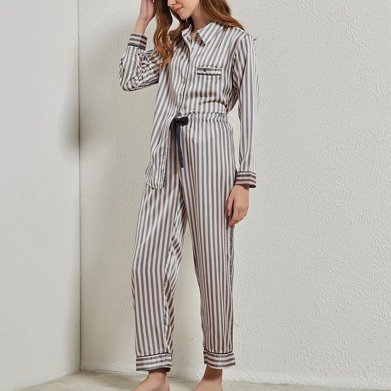 Long Sleeve Pajamas For Women Striped Satin Silk Pajama Set