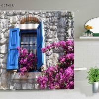 European Flower Wood Window Shower Curtain Stone Wall Vines Flower Tree Landscape Bathroom Curtain Polyester Toilet Decor Hooks