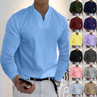 （Ready Stock）? New Hot Sale Sports Large Size Autumn Elastic Solid Color Long Sleeve V-Neck Mens T-Shirt YY