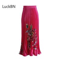 Vintage Cartoon Print Christmas Skirts Pleated Thin Silk Big Swing Umbrella Skirt Party Bright Satin High Waist Long Women