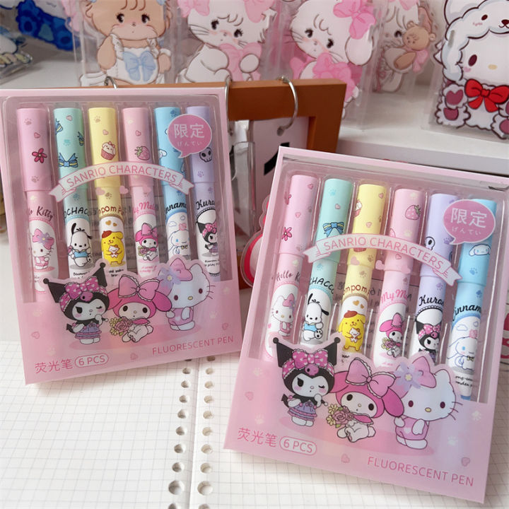 ปากกาเน้นข้อความ-sanrio-6สี-เซ็ต6ชิ้น-กล่องน่ารักหนังสือเน้นข้อความเด็กผู้หญิงลายการ์ตูน