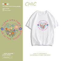 CHIC ผ้าฝ้ายแท้ เสื้อยืดแขนสั้นพิมพ์ลายดอกไม้เล็ก ๆ เรียบง่าย สบาย ๆ T0142