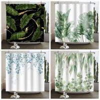 Green Banana Leaf Shower Curtain Luxury Gold Black White Background Gold Modern Bathtub Screen Waterproof Bath Bathroom Decor