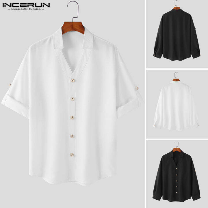 incerun-เสื้อลำลองแขนยาวคอวีสำหรับผู้ชายเสื้อทรงหลวมสำหรับใส่วันหยุดเสื้อทีท็อป-สไตล์เกาหลี