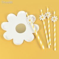 ₪✟ 10Pcs Daisy Paper Plate Straws Disposable Tableware White Daisy Flower Cake Tray for Kids 1st Birthday Party Decorations Wedding