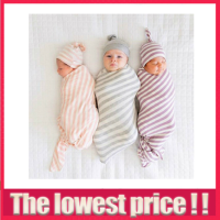 Newborn Baby Stripe Swaddle Sleeping Blanket Wrap Hat Beanie Set