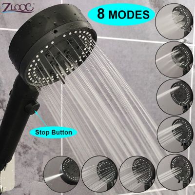 Zloog 8 Modes Shower Head High Pressure with Stop Button Silver Black Showers Water Saving Showerhead Bathroom Accessories  by Hs2023