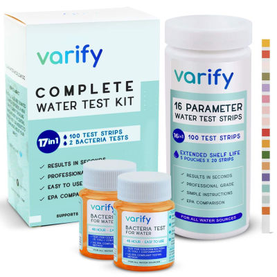 VARIFY 17 in 1 Premium Drinking Water Test Kit - 100 Strips + 2 Bacteria Tests - Home Water Quality Test - Well and Tap Water - Easy Testing for Lead, Bacteria, Hardness, Fluoride, pH, Iron, Copper and more!