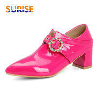 ขนาดใหญ่ฤดูใบไม้ผลิผู้หญิงปั๊มสีดำสีแดงสิทธิบัตรหนัง Casual Office Lady Pointed Toe Slip-On High Block ส้นคริสตัลหัวเข็มขัด Shoes