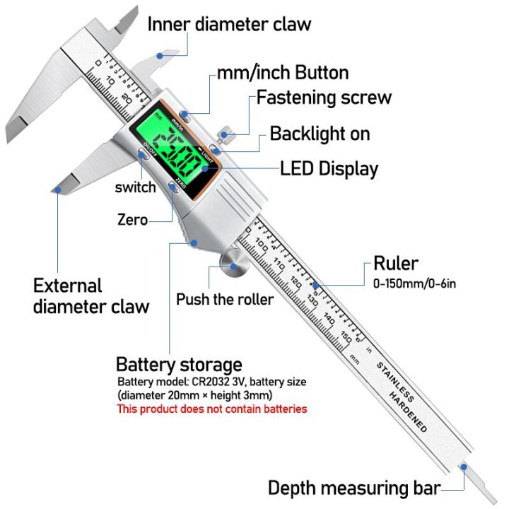 0-150มมสีสแตนเลสเครื่องวัดระยะเวอร์เนียแอลซีดีเครื่องมือวัดดิจิตอลความลึก6นิ้วสเปคของเครื่องมือวัด