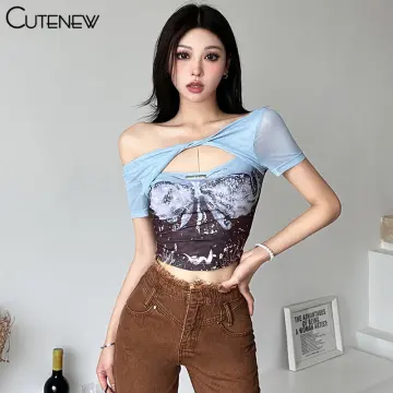 Simon Cute T Shirt for Women Y2k Long Sleeve Vintage Crop Top Fake 2pc  Button-up Slim Fits Tee Clothes