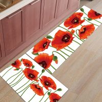 Plant Poppy Texture Flowers Kitchen Mat Home Anti-slip Bathroom Rug Entrance Doormat Living Room Protective Floor Mat