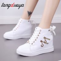 № White Shoes Woman High Top Spring Autumn 2023 Female Fashion Casual Shoes Zipper Hided Wedge Lady Sneakers White Shoes