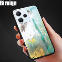 Biruiqu เคสฝาหลังกระจกเทมเปอร์แฟชั่นลายหินอ่อนกันกระแทกสำหรับ Redmi 12