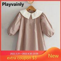 2022 Korean Style Spring Kids Girls Dresses Blue Pink Long Puff Sleeves er Pan Collar Child Vestido Baby Dresses E4290