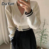 Du YAN เสื้อสเวตเตอร์ถักคอวีผู้หญิง,เสื้อถักกันหนาวคอวีกระดุมแนวทแยง