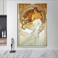 โปสเตอร์พิมพ์ลายบนผ้าใบรูปดนตรีจาก Alphonse Maria Mucha ศิลปะบนผนังหินอ่อนจิตรกรรมภาพตกแต่งของตกแต่งบ้านสมัยใหม่1ชิ้นมีกรอบด้านในหรือไร้กรอบ