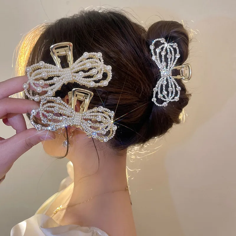 Pearl Rhinestone Bow Hair Clip Korean Version Temperament Female Back Large  Grab Clip | Lazada PH