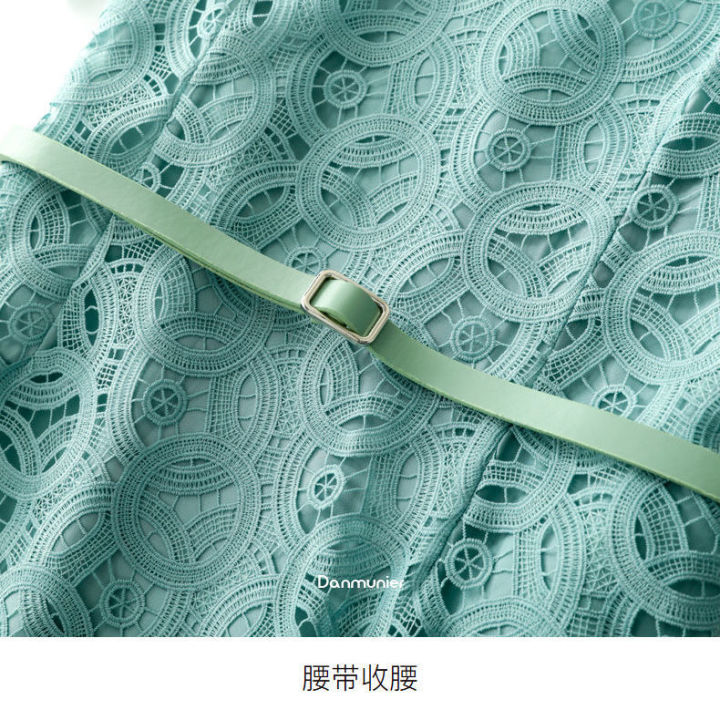 high-end-สีเขียว-heavy-duty-ปักลูกไม้ชุดใหม่แขนสั้นแฟชั่นเอว-slimming-กระโปรงกลางความยาวเข็มขัด-a-line-กระโปรง