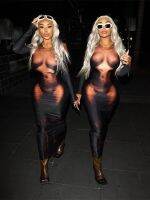 Kliou Y2K 3D Body Print Maxi Dress Women Aesthetic Long Sleeve Unique Sexy Body-Shaping Attirewear Robe Party Clubwear Clothing