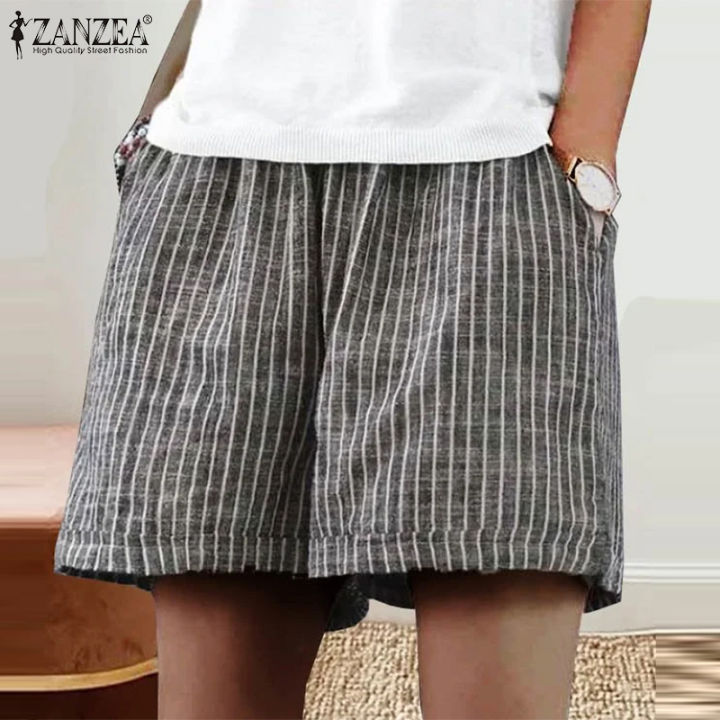 สินค้ามาใหม่-จัดส่งฟรี-fancystyle-zanzea-กางเกงขาสั้นลำลองใส่ได้ทุกวันสำหรับผู้หญิงกระเป๋าด้านข้างวินเทจเอวยางยืดกางเกงลายทาง-15