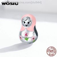 WOSTU Lovely Russian Doll Girls Beads 925 Sterling Silver Fit Original Bracelet Pendant Pink Enamel Charms S925 Jewelry FIC1435