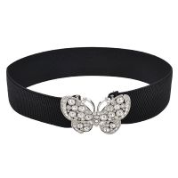 Women Rhinestones Accent Butterfly Hook Buckle Black Elastic Cinch Waist Belt