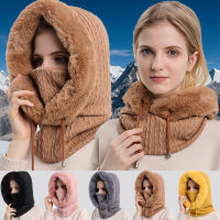 Women Knitted Cashmere Fur Cap Set Hooded for Winter Warm Russia Outdoor Ski Windproof Hat Thick Plush Fluffy Beanies