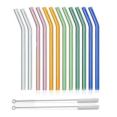 Reusable Glass Straws, Bent Glass Drinking Straws with 2 Cleaning Brushes, Straws for Smoothies,(Multicolor, 12 Pack)