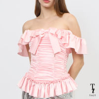 TandT - MILADY Top - BOW EMBROIDERED RUFFLE TRIMMED RUCHED CORSET TOP เสื้อครอเซ็ทเปิดไหล่รูดย่นตกแต่งระบาย ตกแต่งโบว์กลางอก ผ้าซาตินสีชมพูอ่อน