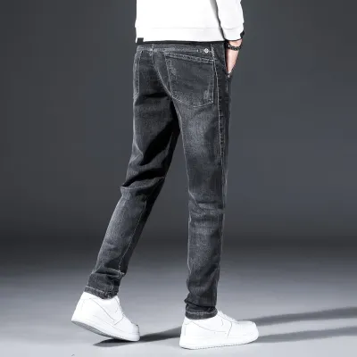 [COD] 2021 autumn and winter Korean version of micro-elastic jeans mens new trendy slim-fit comfortable casual loose black trousers