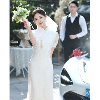 Wedding Dress Lace Short Sleeve Chinese Cheongsam Long Turtleneck Slim White Dresses