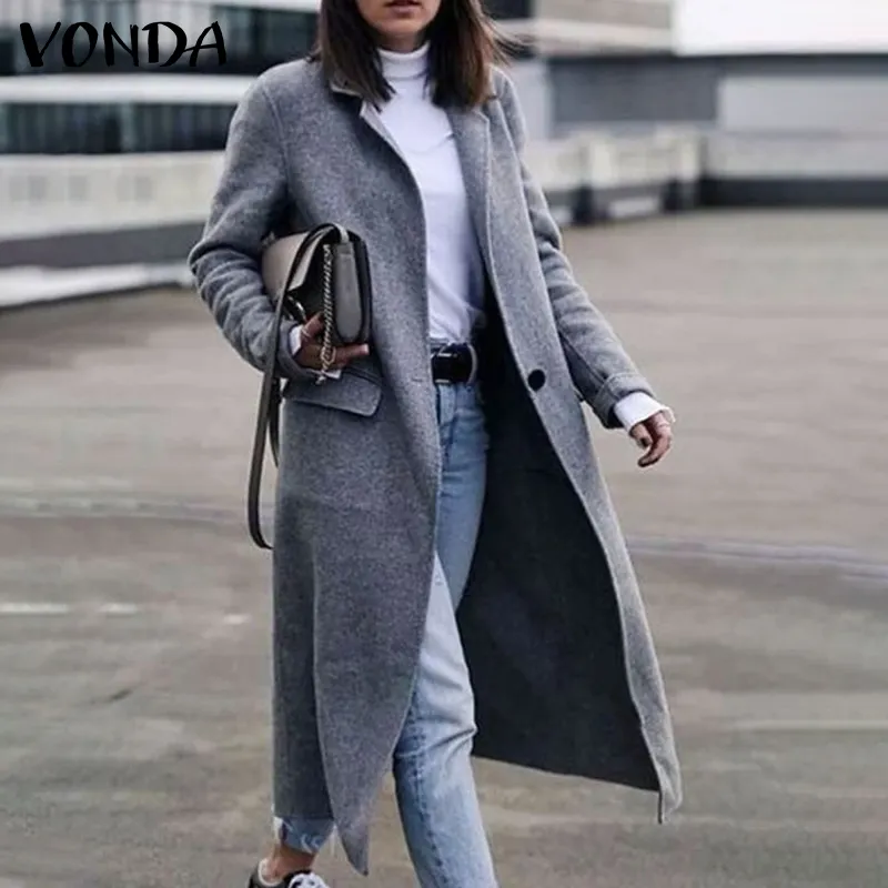 VONDA Women Fashion Lapel Collar Button Up Long Coats Warm Summer Long  Sleeve Veste (Western Fashion) | Lazada Singapore