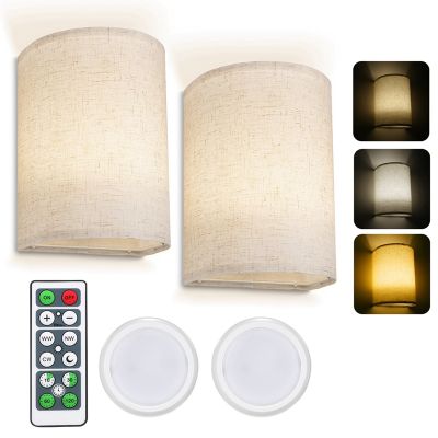 Retro Wall Lamp Fabric Shade Light Dimmable Wall Light Fixtures with Remote Control for Bedroom Living Room
