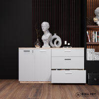 RINA HEY INCIO/160 ตู้ ตู้อเนกประสงค์ ตู้ทรงเตี้ย ตู้ลิ้นชัก ตู้เก็บของ Low cabinet W160 x D40 x H87 cm – สี เทาอ่อน/โครเมี่ยม