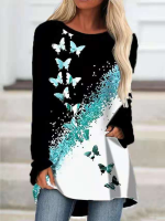 Womens Fashion Casual Round Neck T-Shirt Long Sleeve Butterfly Printing Loose Plus Size Shirts Tops