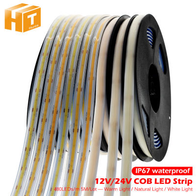 COB LED Strip Light 480 LEDs ความหนาแน่นสูง IP67 กันน้ำไฟ LED COB แบบยืดหยุ่น DC12V 24V เทป LED สีขาวเย็นธรรมชาติอบอุ่น 5M