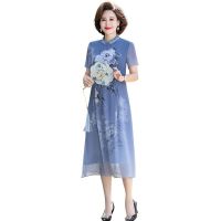 ZZOOI Chinese style dress for women long summer new Short-sleeved dress ladies improved cheongsam dress imitation silk elegance