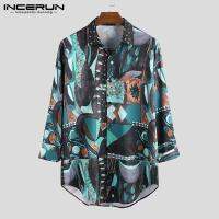 Medussa INCERUN Men S Retro Hippy Printed Long Sleeve Button Down Shirt เสื้อวินเทจเสื้อ Tee