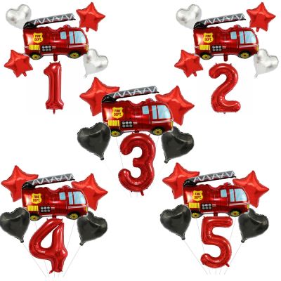 6pcs Fireman Sam Foil number Balloons set Happy Birthday Party Deco Ball Boy Gift Fire Truck Holiday Baby Shower Party Supplies Artificial Flowers  Pl