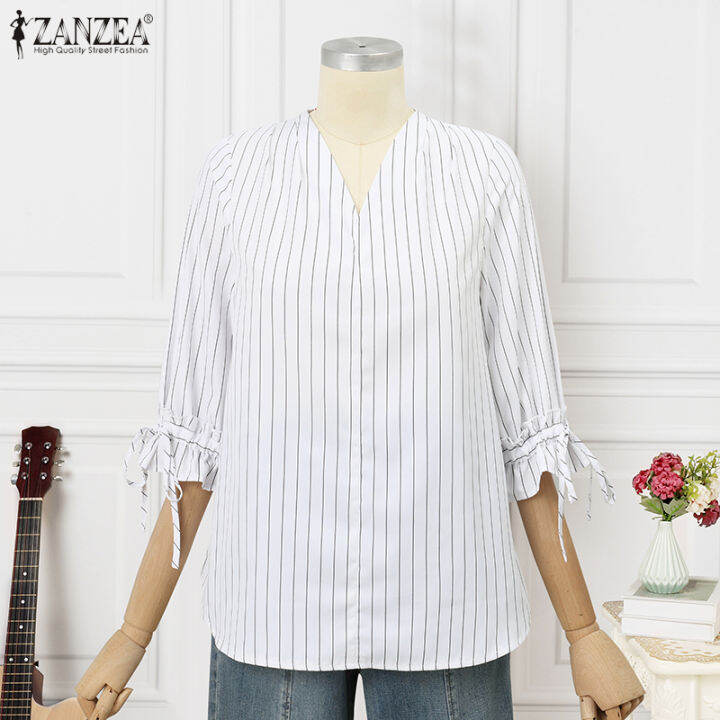 สินค้ามาใหม่-จัดส่งฟรี-fancystyle-zanzea-เสื้อเสื้อพิมพ์ลายคอวีลายทางสไตล์เกาหลีของผู้หญิงเสื้อแขนยาวเสื้อทรงหลวมลำลอง-10