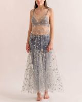 【Feb】 2022 Women Spaghetti Straps Tulle Sexy Cover Up Long Dresses Mesh Sheer Bling Bling Star Hot Stamping See Through Pleated Dress