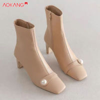 AOKANG รองเท้าส้นสูงไข่มุกแอปริคอท,รองเท้าส้นสูงขนาดกลาง Sepatu BOOT Pendek อเนกประสงค์