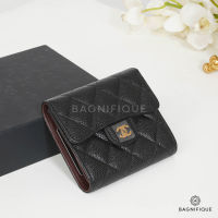 NEW CHANEL TRI FOLD WALLET SHORT BLACK CAVIAR GHW