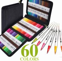 120 Pack Painting Pen Set 100 Colored Dual Tip Markers and 20 Colors Glitter Gel Pens with Canvas Bag for Adult Coloring Books