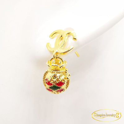 Inspire Jewelry ,ต่างหูถุงทอง หุ้มทองแท้ 100% (Thai Quality) นำโชค เสริมดวง งานร้านทอง ประดับ CN  ขนาด 1 x 2 CM พร้อมกล่องทอง